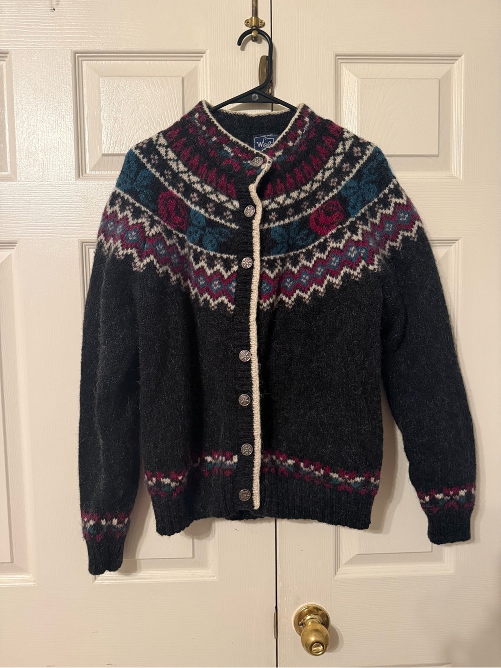 Woolrich Black Fair Isle Cardigan with Maroon & Teal Accents